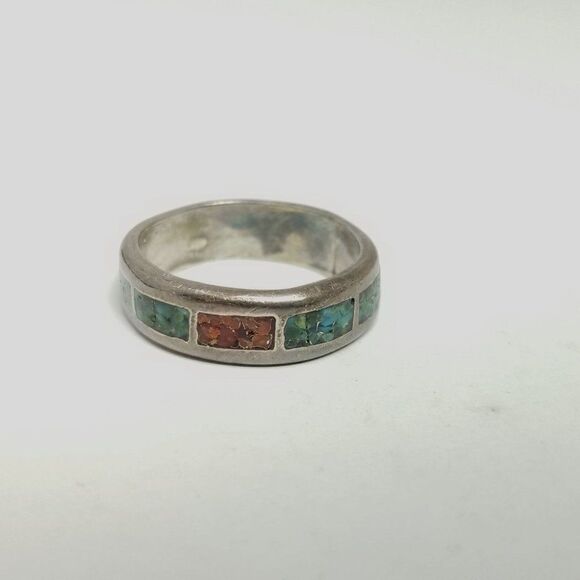 Vintage Inlaid Silver Tone Band Ring, Tarnished, Blue Red, Stacking Size 6 - Picture 7 of 7